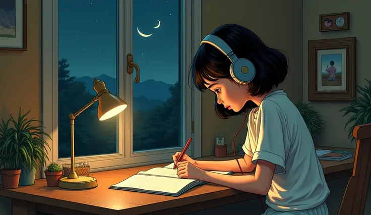 Retro style illustration。A girl wearing headphones is studying at her desk。Natural room。Outside the window is night。