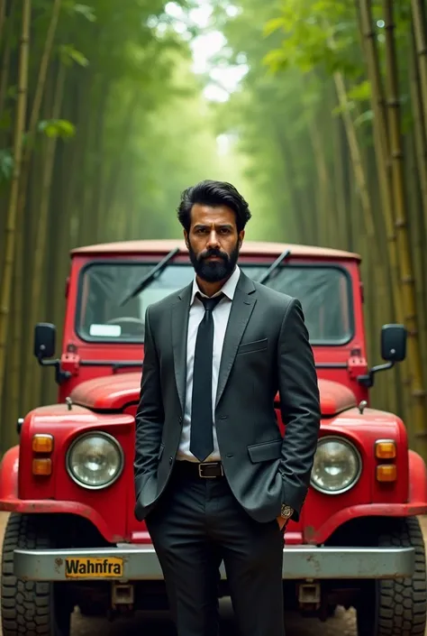 Old Mahindra Scorpio with red colour a men with full of beard stand in front of car in formal look and some bamboo trees in background 