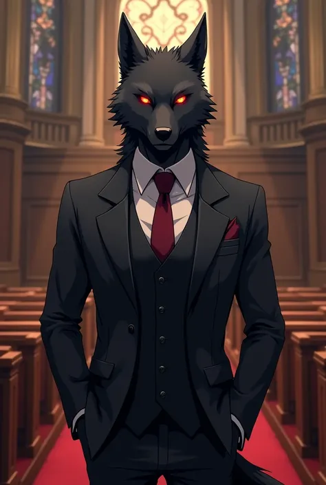 furry avatar, black wolf with red eyes, wearing a black suit, with a burgundy color tie. The background is a courtroom. draw style: anime