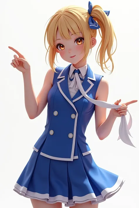 A masterpiece, highest quality, high resolution (12K) image of a Japanese idol woman in a standing posture full image. She is wearing a royal blue sleeveless uniform jacket with white trim on the lapels and edges. and she has gold Hair in the left. The set...