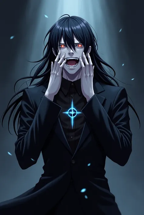 Gray skinned man with blue and red eyes, long black hair wearing a black suit and has a black gem on his chest while the man is laughing out loud while covering his eyes anime style.