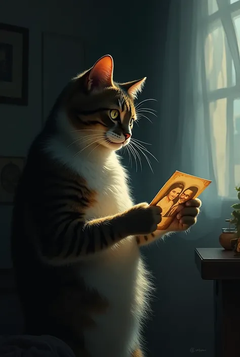 10. The Groom Cat Remembers His Lost Bride: Scene: A flashback scene where the groom cat is holding an old photograph of their wedding day, staring at it with tear-filled eyes. The room is dimly lit, and memories of their happy moments haunt him.