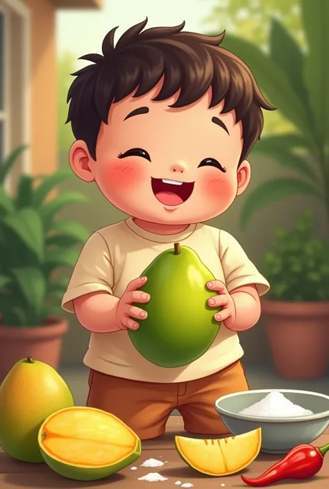 Draw me a picture , chubby boy holding green mango to make mango with salt and chili