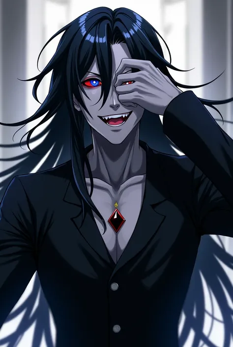 Gray skinned man with blue and red eyes, long black hair wearing a black suit and has a black gem on his chest while the man is laughing out loud while covering one eye anime style.