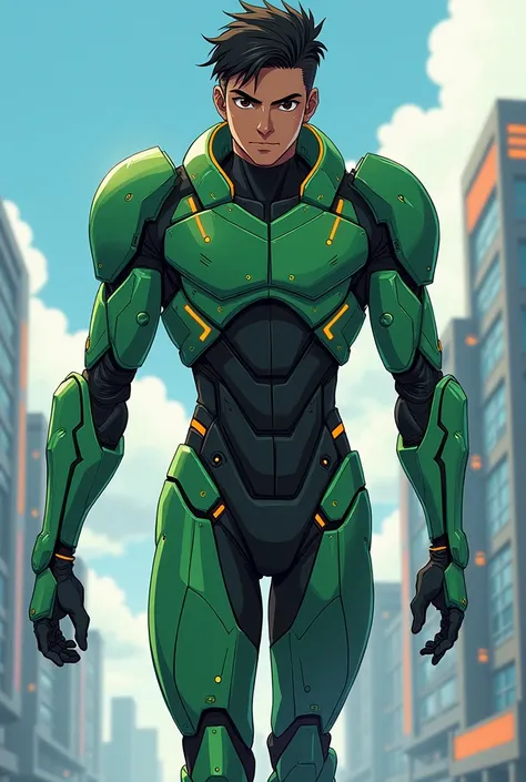 An 14 year male Indian anime hero in modified machine 
green , black, what suits with full body image 