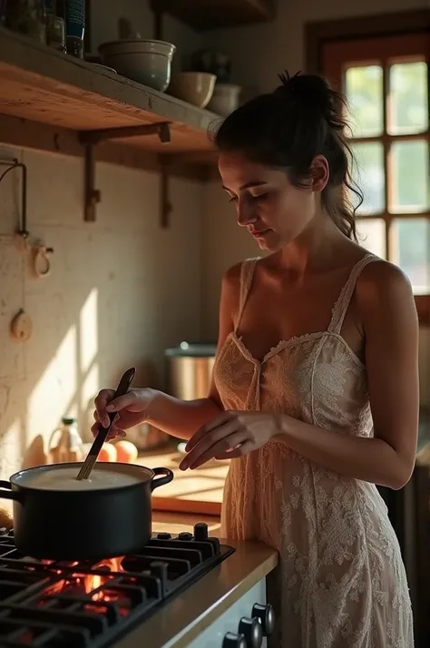 The village girl is cooking on the stove and the son is drinking his mothers milk transparent clothes big ass big boobs 