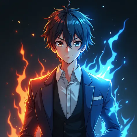 A handsome man look smart, anime style, sword art online, kirito , flame aura on the left half body, ice aura on the right half body, cool suit, look at the viewer, 4k resolution, near shot, dark background