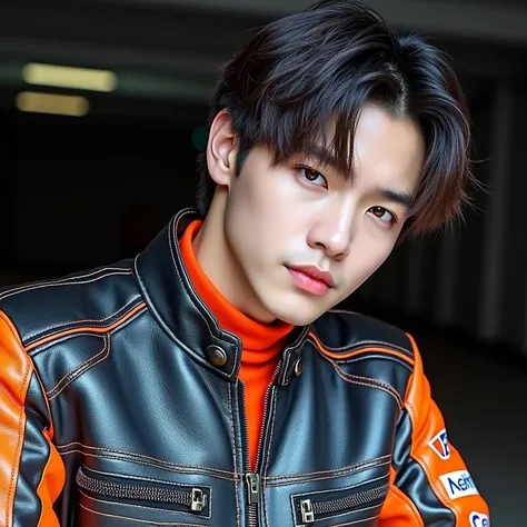 jungkook the bts, wearing orange and black F1 racer style leather jacket