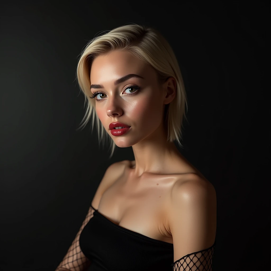 ((Make your subject look three-dimensional with the contrast of light and shadow)), Realistic (photorealistic Realism 16K Quality), ultra realistic details: velvety skin, blonde short slicked to the side hair, symmetrical lips, light glossy red_lipstick, l...