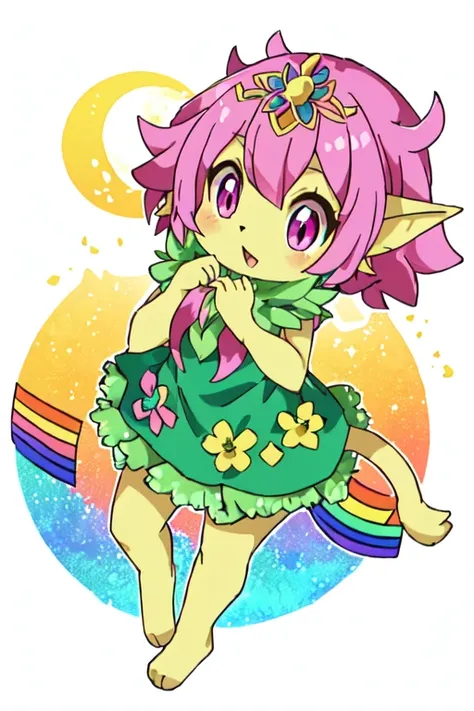 drawing of a cat with pink eyes and a flowered head, chibi monster girl, a humanoid thistle monster, goblin girl dnd character, colored drawing, inspired by Pinchus Kremegne, anime monster girl, whimsical demon with rainbow fur, fully colored, monstergirl,...