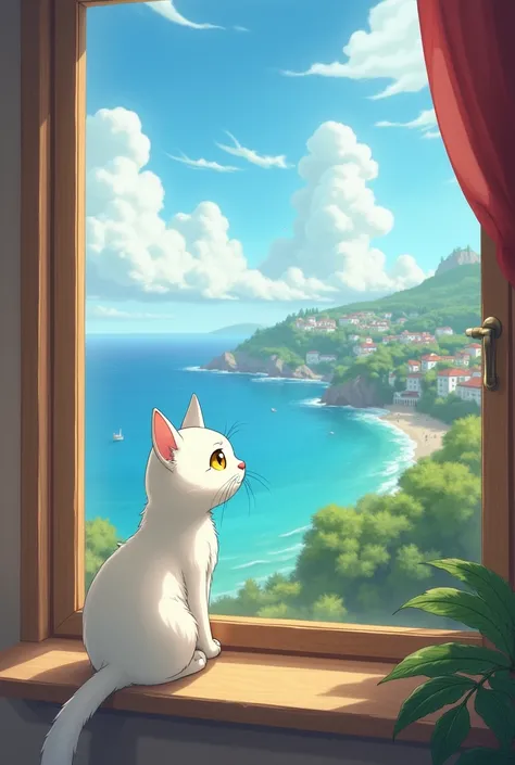 White Cat。nose is pink。Cool impression。Eye color: yellow。Picturesque。Old cat。Ghibli style。Slender body。Long Hair。looking out the window at the sea and the city。The cat is drawn small。