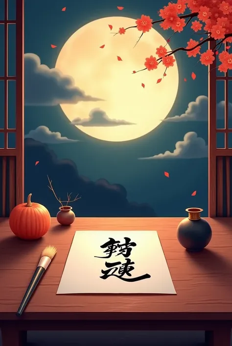 inscription：Happy Mid-Autumn Festival，The calligraphy on the table reads &quot;reunion&quot; with brush, paper and ink ，In the distance is a bright full moon as the background。