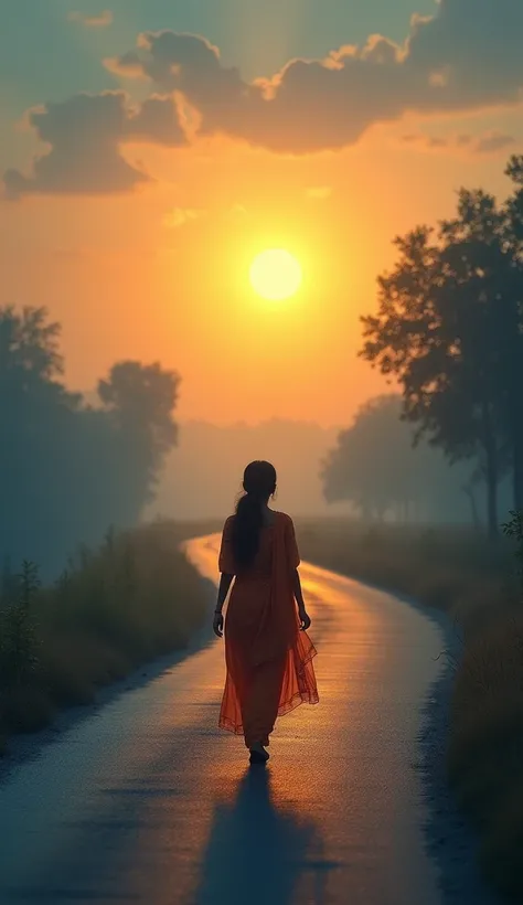 "An Indian girl walking alone on a quiet road towards the sunrise, symbolizing self-improvement. No distractions around her, just a clear path. The background has a gradient of dark blues turning into bright yellows and oranges, representing transition. Us...