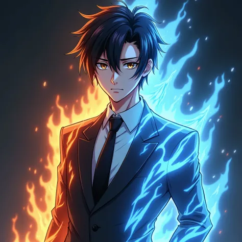 A handsome man look smart, anime style, sword art online, kirito , flame aura on the left half body, ice aura on the right half body, cool suit, look at the viewer, 4k resolution, near shot, dark background