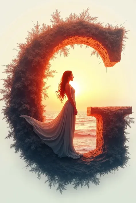 high quality, 8K Ultra HD, A beautiful double exposure that combines the capital letter G in 3D, sunset coast should serve as the underlying backdrop, with its details incorporated into the goddess , crisp lines, The background is monochrome, sharp focus, ...