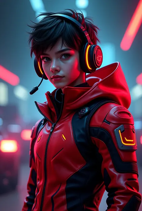 "Stylized gaming character with a car game theme, wearing a headset, neon lights reflecting off sharp armor, and a cool backdrop representing authority and expertise"
Make like gamer and also boy full day active 
Make all red and black only not any other c...