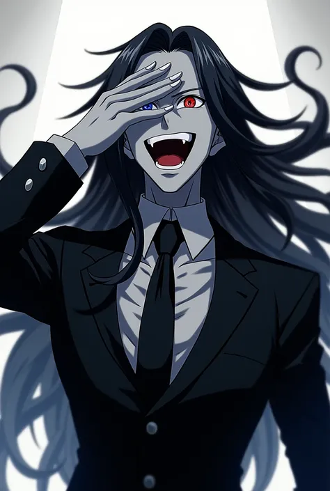 Gray skinned man with blue and red eyes, long black hair wearing a black suit and has a black gem on his chest while the man is laughing out loud while covering one eye with his hand and looking up anime style.