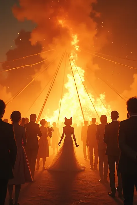 3. Fire Starts at the Wedding Venue: Scene: Suddenly, chaos erupts as fire engulfs the wedding tent. Flames are spreading quickly, and the guests are running in panic. The groom cat is desperately looking for his bride amidst the smoke.
.