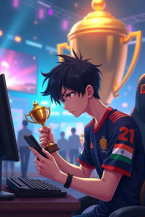 A Anime Man is playing Pubg mobile game facing towards big trophy with pc in Esports arena, wearing a Esports jersey kit number 21, has "PIXEL" written on his jersey backside With Team Name "ZEROXDEGREE" On jersey and has logo of india flag on his arm with...