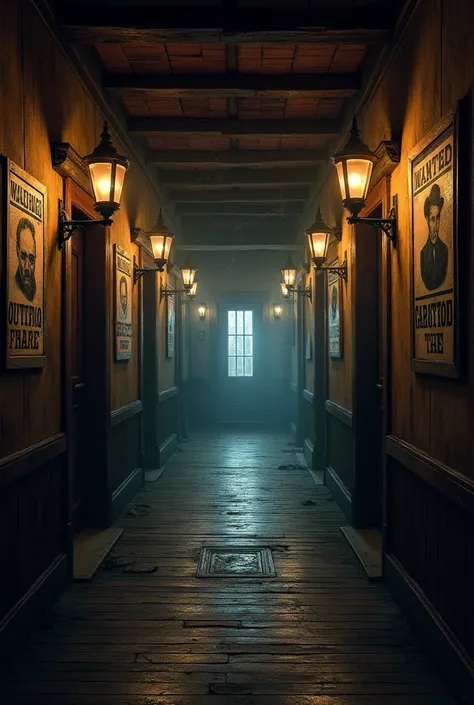 A dark hallway inside a saloon in the wild west.