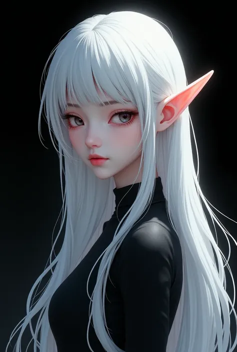 white hair with black bangs, elf ears white, skin shite, gorgeous face, anime black background 