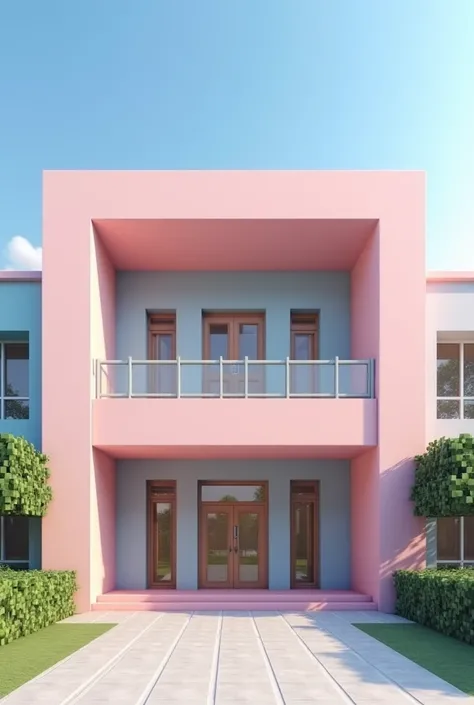 Beautiful facade of a kindergarten for 180 children in pastel colors with square columns, two-story without circles with a flat roof large in Minecraft style and in a modern style 

