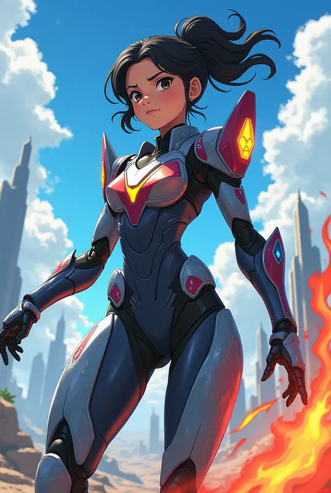 An 14 year female Indian Anime hero use element power in modified machine suit full body image from head to legs 
