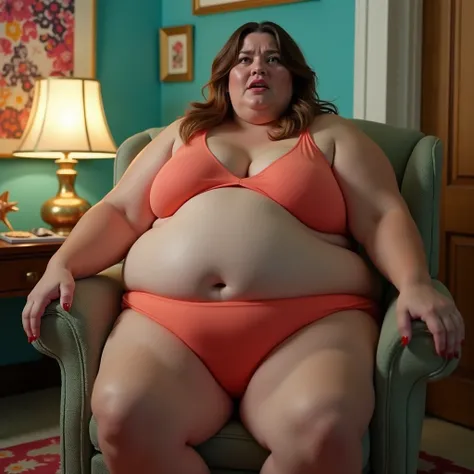 A plus size model woman has a lot of fat on her belly and buttocks and weighs 200kg, she is sitting on a chair but is panicking because the chair is about to break due to her huge buttocks, she has gained weight because of overeating, she is a brown haired...