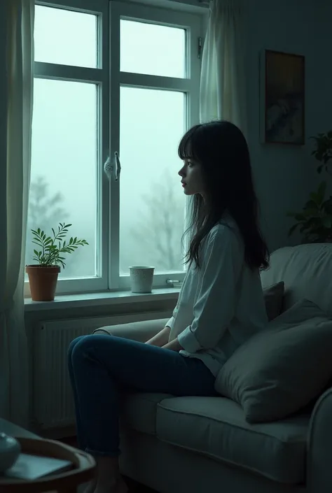 Lonely girl sitting on the sofa looking at the window 