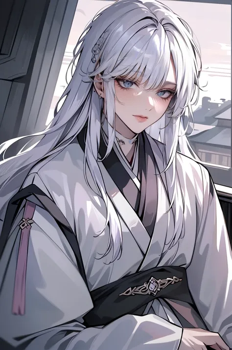 (best quality) (1 male), adult 25 years, ((long white hair)), long soft hair, (eyes is completely violet), gentle delicate facial features, hanbok clothes, half-body, sword, parted lip, high quality