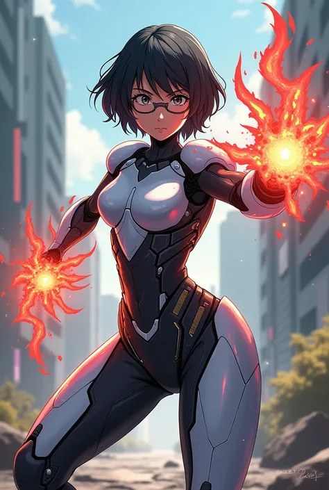 An 14 year female short hair wear glasses Indian Anime hero use element power in modified machine suit full body image from head to legs 
