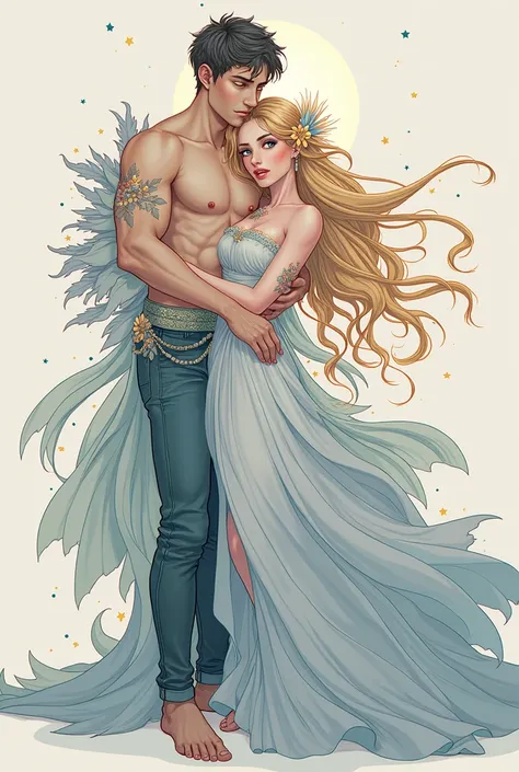 girl hug beautiful man, high quality,  8K Ultra HD, In this extraordinary full-body digital illustration, envision the enchanting presence of a captivating woman with ethereal features. Her elegant allure takes center stage, accentuated by flowing golden l...