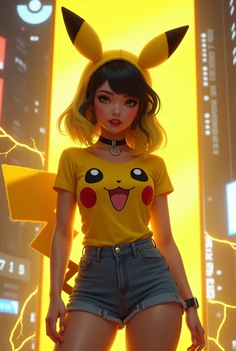 A cheerfully beautiful sexy woman with  mixture black and  yellow hair colour, wearing sexy Pikachu t-shirt with middle size boobs. wearing a short jeans. She has pikachu horn and tail. she looks energetic, she is standing in the middle of a futuristic cit...