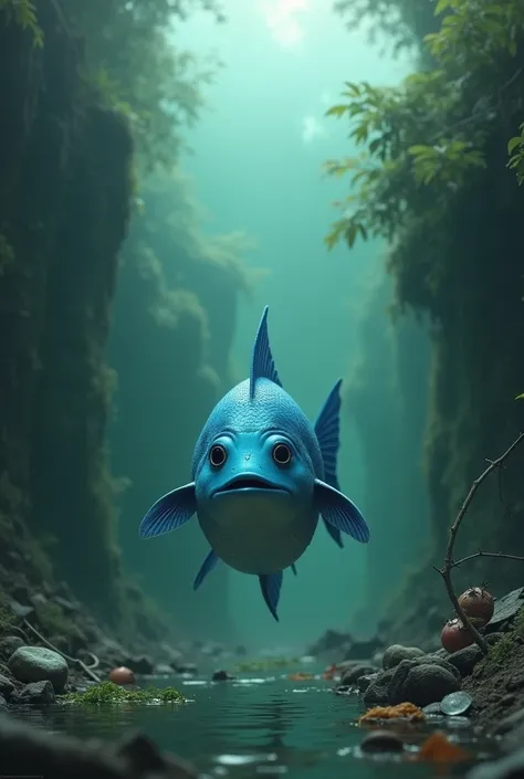 Create an image of a sad little blue fish with the polluted river 