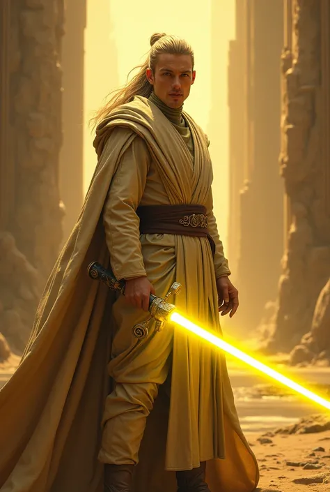 Legolas as a Jedi, imposing, full_body, yellow lightsaber 