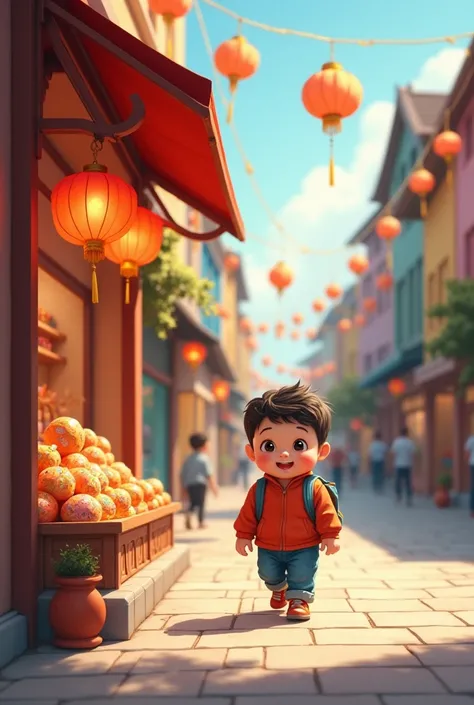 Draw me a picture , chubby boy with two cheeks walking on the street carrying a backpack passing by a shop selling mid-autumn lanterns