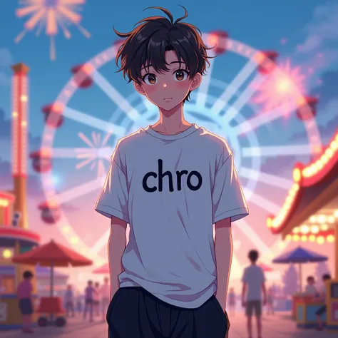  anime boy wearing oversized white tshirt 
and black loose jogging pants, with a text 
"Chro" (bold serif font, not in all caps) on his T-shirt, In a fireworks and ferris wheel 
and  blurry crowd background