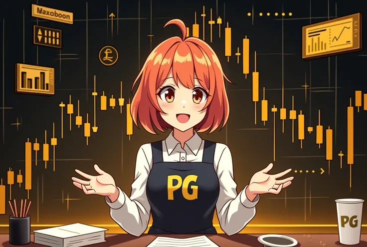 A photo of semi Anime person doing Tutor for forex trading and Has a "PG" Logo on the dress, with a background of Market Chart and Candlesticks
(Gold and Black Theme)