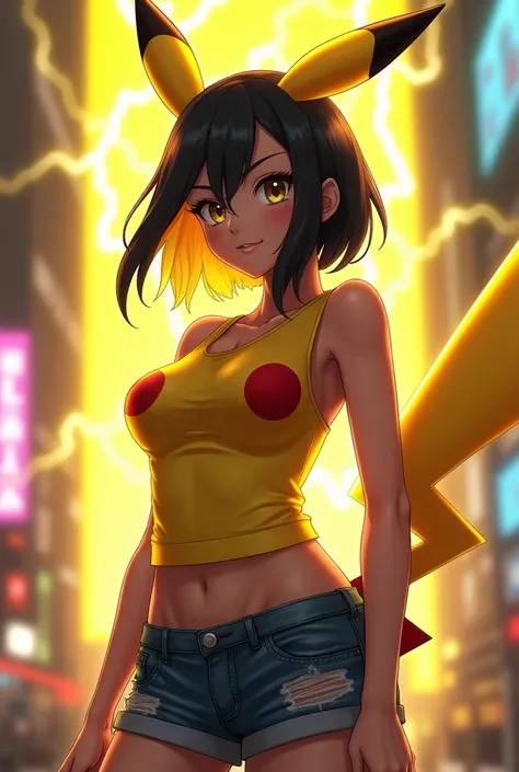 A cheerfully beautiful sexy woman with  mixture black and  yellow hair colour, wearing sexy Pikachu tank top with middle size boobs. wearing a short jeans. She has pikachu horn and tail. she looks energetic, she is standing in the middle of a futuristic ci...