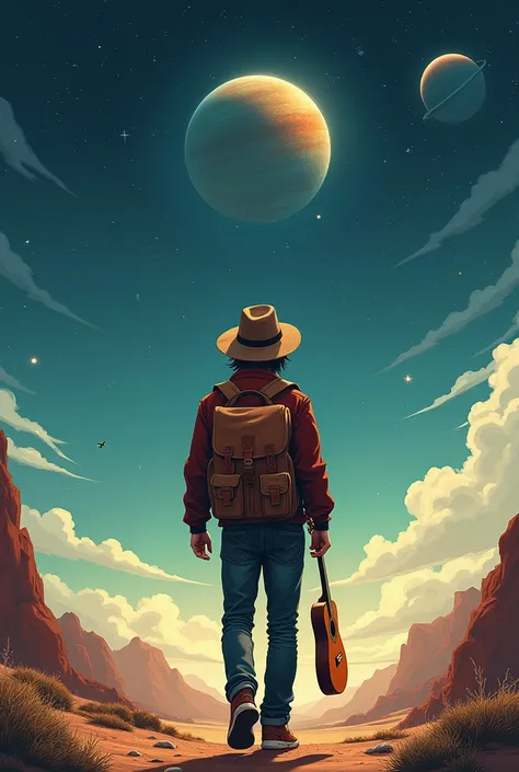 I want you to invert me an image that looks like a drawing of a young man leaving a planet with a loaded backpack, It&#39;s for an album cover that says, Goodbye world A young man with a hat and a guitar, in the space 
