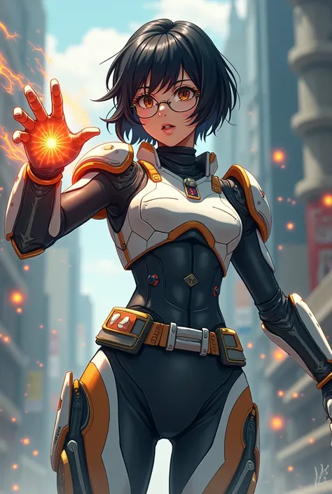 An 14 year female short hair wear glasses serious Indian Anime hero use element power in modified machine suit full body image from head to shoos 
