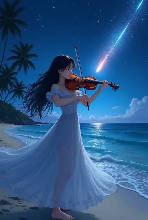 beautiful woman, playing violin , Beach  , night time , Bolide , blue sky , Anime art
