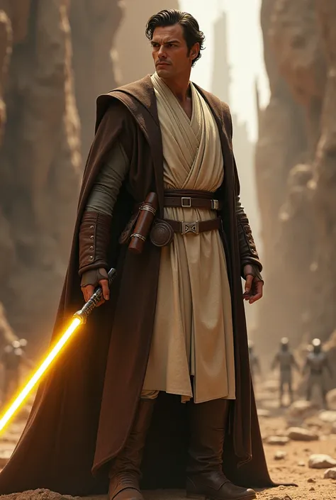 Orlando Bloom as a Jedi, imposing, full_body, yellow lightsaber 