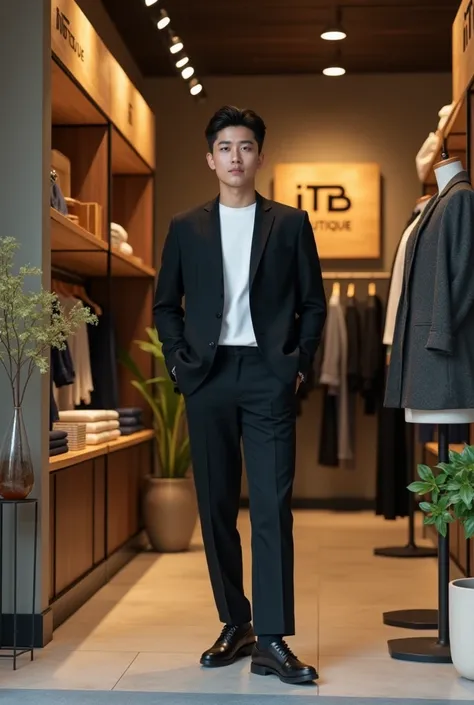 “a handsome Korean man with cool and simple clothes acts as a brand influencer for a fashion brand. He wore a simple flowing black suit with soft colors such as navy, blue, white, black, gray. In the background there is a chic boutique atmosphere with a wo...