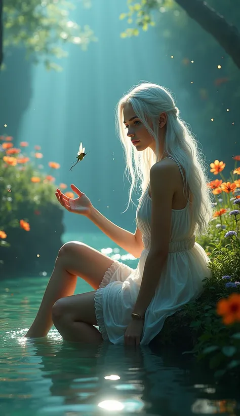 a girl, the most beautiful woman in the world, sitting in profile, white hair, long sideburns, white hair, blue eyes, (((bare feet in the water, wearing a light white dress with moving stripes, where your hand touches a fairy) )), depth of a magical forest...