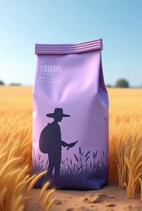 Make a levender color pouch of 1 kg which describe wheat and farmer’s with name of pureeasyname