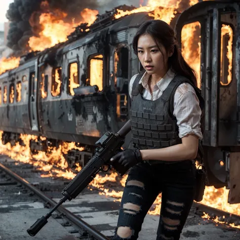 16k.realistic photo、realistic skin texture、Beautiful Korean woman is sit. heavily burning train station.、she is holding a long-barreled firearm. bulletproof vest、the train burning was intense. heavy fires everywhere、moving action poses、Dramatic and bold co...