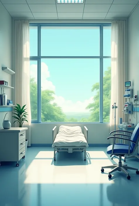 Hospital room and in the background a large window, The room should not have a stretcher or bed, give it a hospital look

