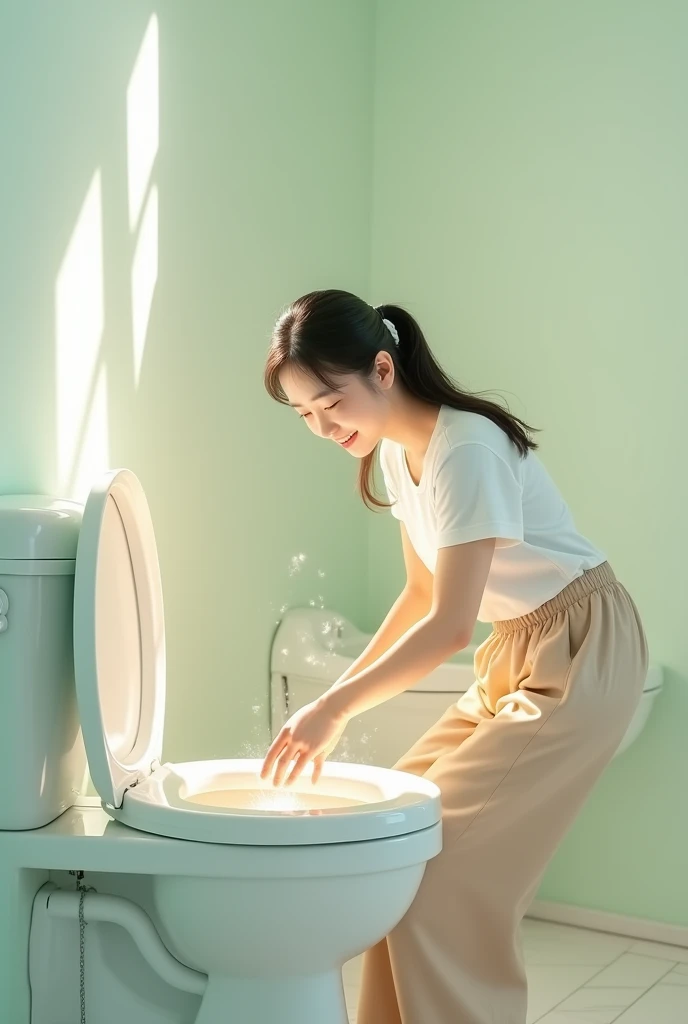 realistic 20s age happy korean woman cleanning toilet bowl, bright pastel wall, wide room, feel clean, water highlight