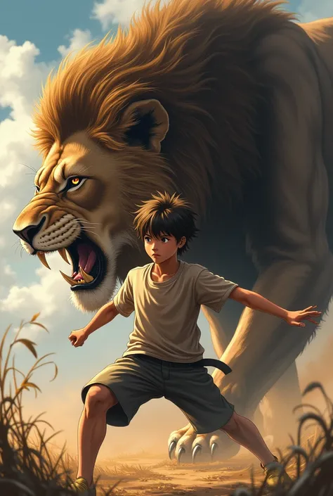 Young teen boy attack lion (anime version)
